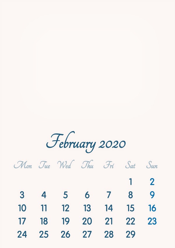 February 2020 // 2019 to 2046 // VIP Calendar // Basic Color // English Photo frame effect
