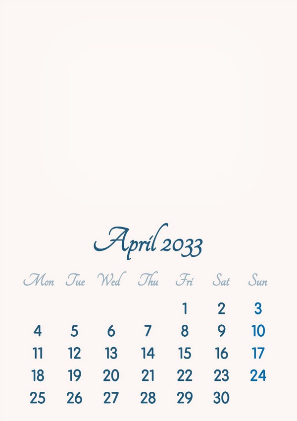 April 2033 // 2019 to 2046 // VIP Calendar // Basic Color // English Photomontage