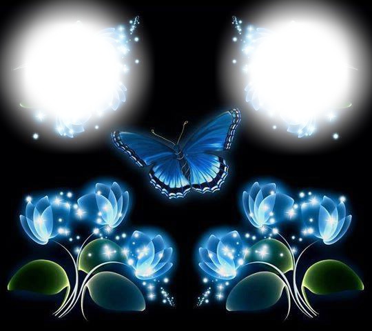 fleurs et papillon bleu フォトモンタージュ