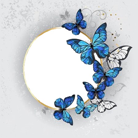 circulo dorado y mariposas azules. Fotomontáž