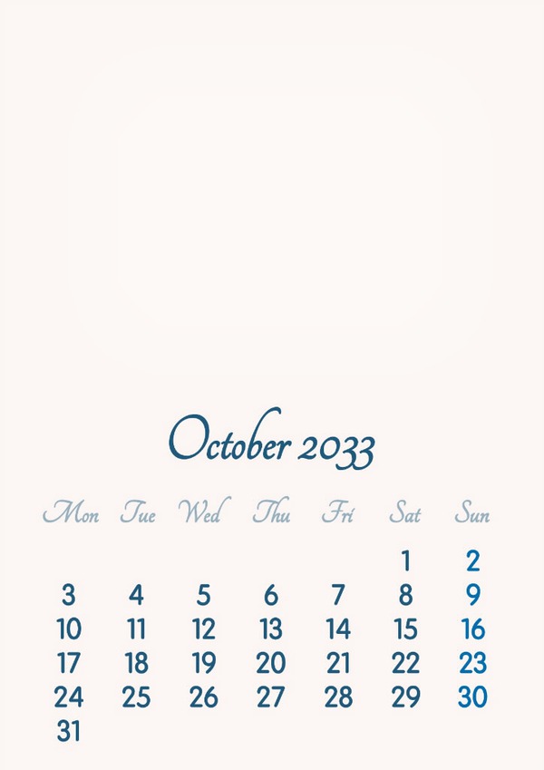 October 2033 // 2019 to 2046 // VIP Calendar // Basic Color // English Photo frame effect