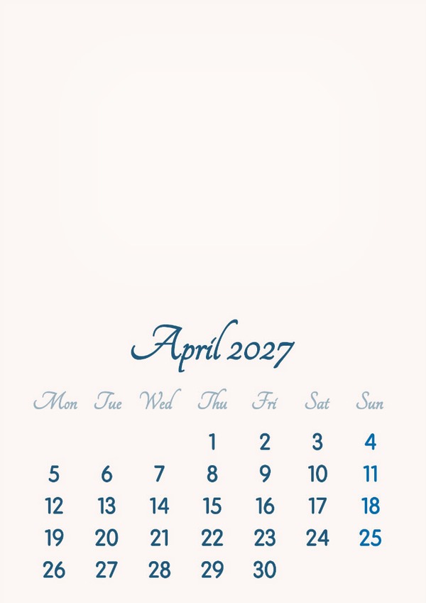 April 2027 // 2019 to 2046 // VIP Calendar // Basic Color // English Photomontage