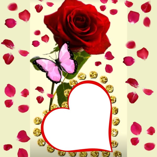 rosa roja, corazón y mariposa. Fotomontaż