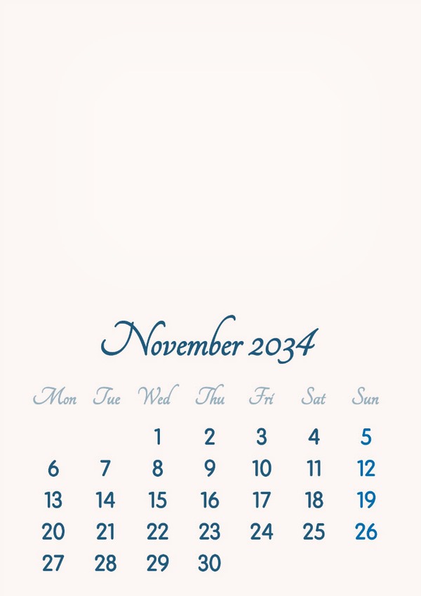 November 2034 // 2019 to 2046 // VIP Calendar // Basic Color // English Фотомонтаж