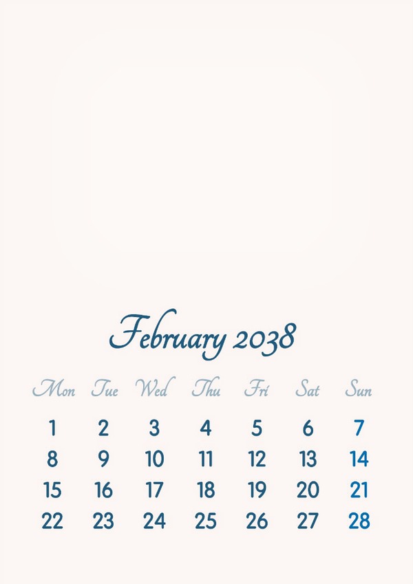 February 2038 // 2019 to 2046 // VIP Calendar // Basic Color // English Fotomontaggio