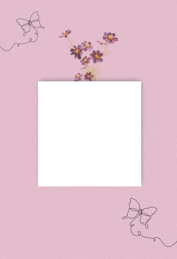 marco, florecillas lila y mariposas. Fotomontagem