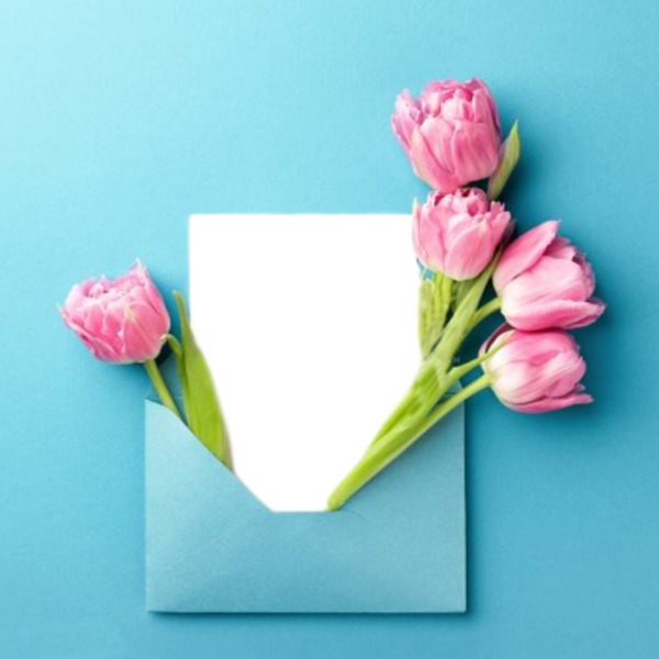 carta y tulipanes rosados. Fotomontáž
