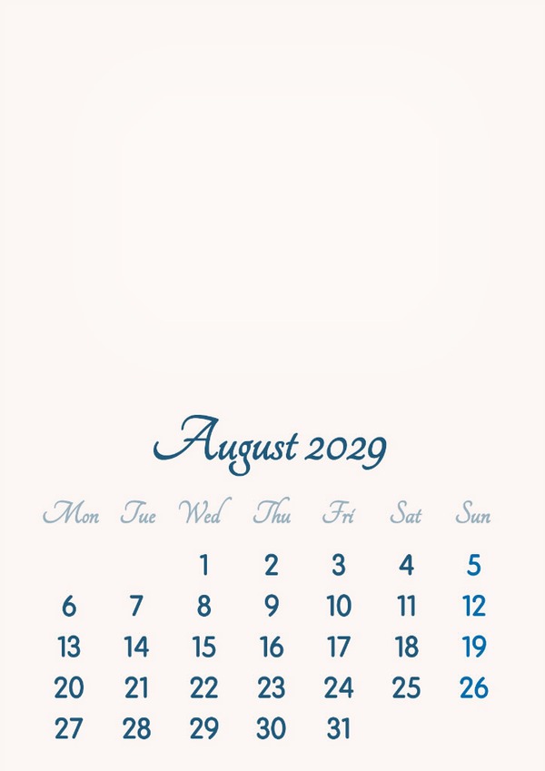August 2029 // 2019 to 2046 // VIP Calendar // Basic Color // English Fotomontagem