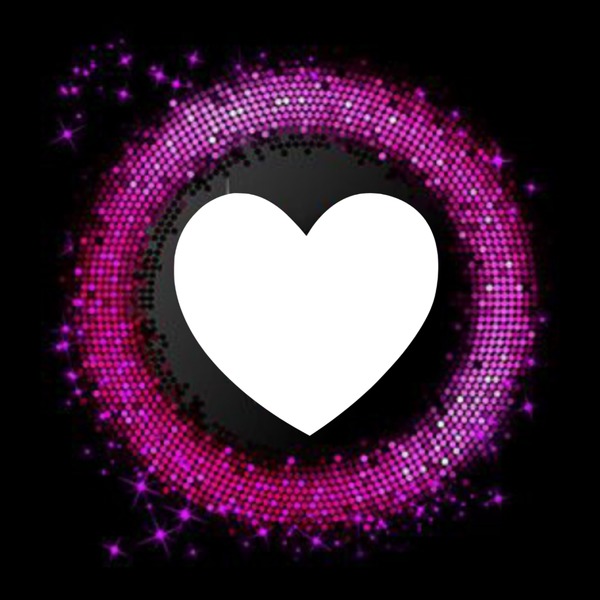 corazón dentro de circulo brillante, lila, fondo negro. Montaje fotografico