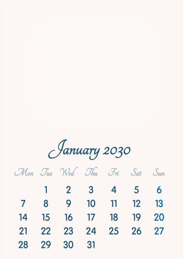 January 2030 // 2019 to 2046 // VIP Calendar // Basic Color // English Fotoğraf editörü