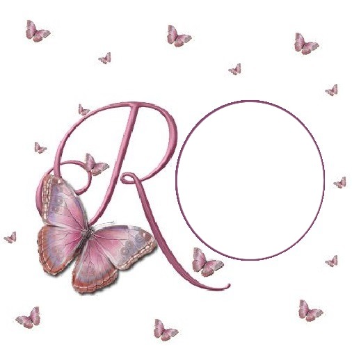 letra R y mariposas, lila. Montaje fotografico