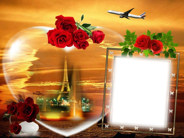 Cadre-avion-tour Eiffel-roses rouges Fotomontage