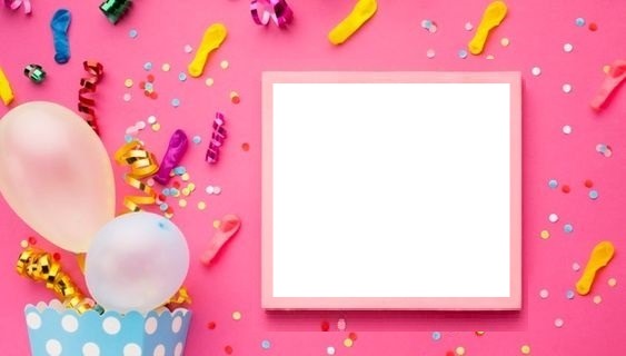 marco cumpleaños, globos y confetis. Fotomontaža