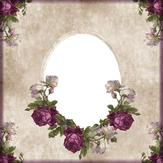 marco ovalado y rosas moradas. Photo frame effect