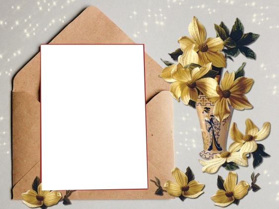 carta y jarrón con decoración oriental y flores amarillas. Fotomontage