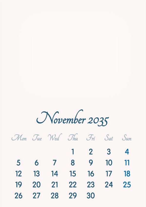 November 2035 // 2019 to 2046 // VIP Calendar // Basic Color // English Fotomontāža