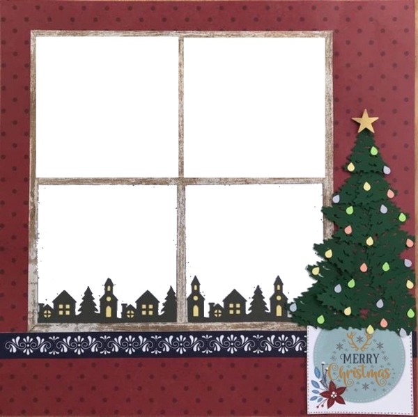 Merry Christmas, ventana, árbol, collage 4 fotos. Montaje fotografico