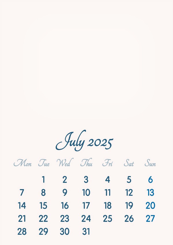 July 2025 // 2019 to 2046 // VIP Calendar // Basic Color // English Fotomontage