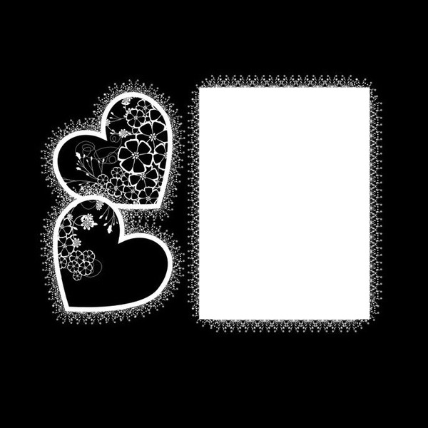 marco y corazones blancos en fondo negro. Fotomontage