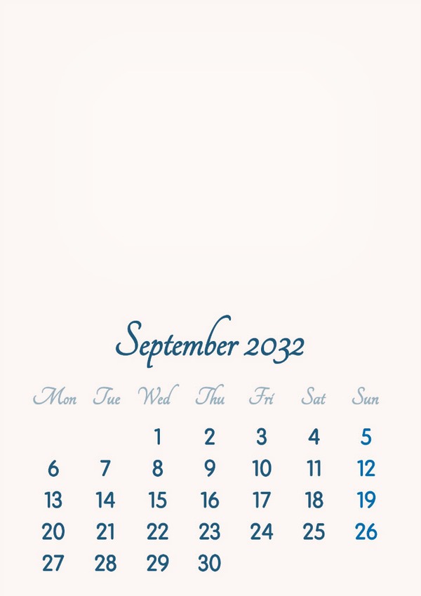 September 2032 // 2019 to 2046 // VIP Calendar // Basic Color // English Fotomontāža