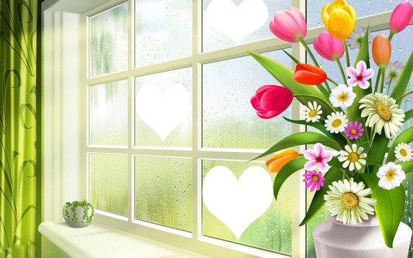 un bouquet de fleurs au bord d'une fenêtre 3 photo coeurs Valokuvamontaasi
