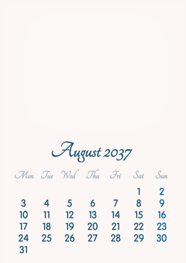 August 2037 // 2019 to 2046 // VIP Calendar // Basic Color // English Fotomontage
