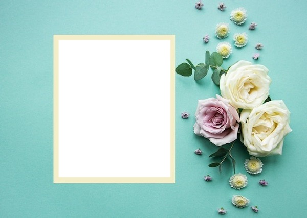 marco y rosas, fondo celeste, una foto. Photo frame effect