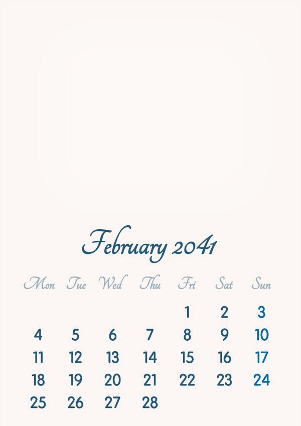 February 2041 // 2019 to 2046 // VIP Calendar // Basic Color // English Photo frame effect