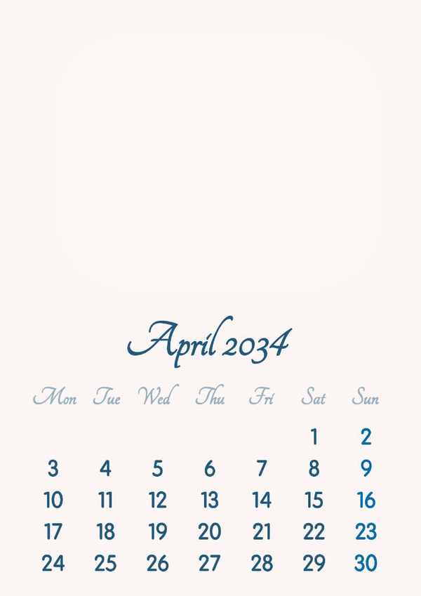 April 2034 // 2019 to 2046 // VIP Calendar // Basic Color // English Photomontage