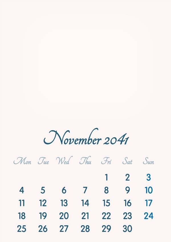 November 2041 // 2019 to 2046 // VIP Calendar // Basic Color // English Fotomontagem