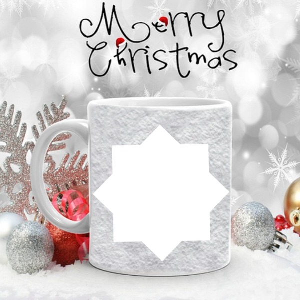 Merry Christmas, mug y adornos. Fotomontaggio
