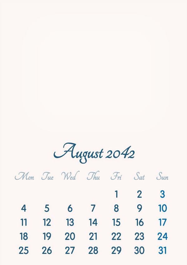 August 2042 // 2019 to 2046 // VIP Calendar // Basic Color // English Fotomontaža
