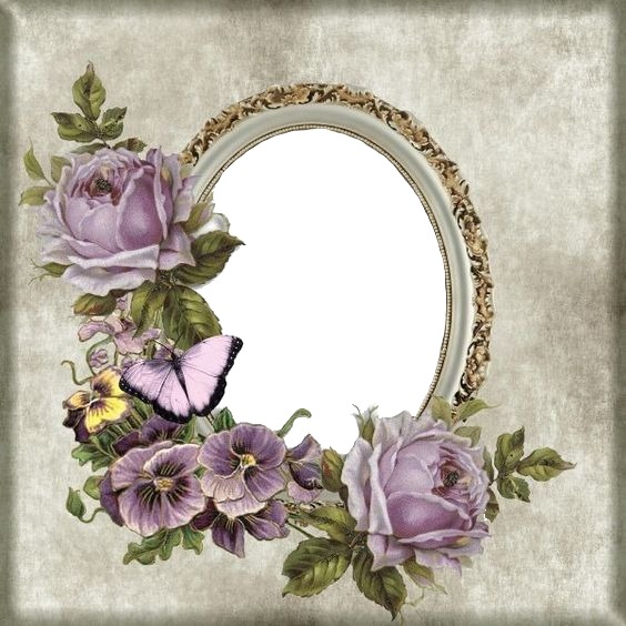 marco ovalado, rosas y mariposa lila. Fotómontázs