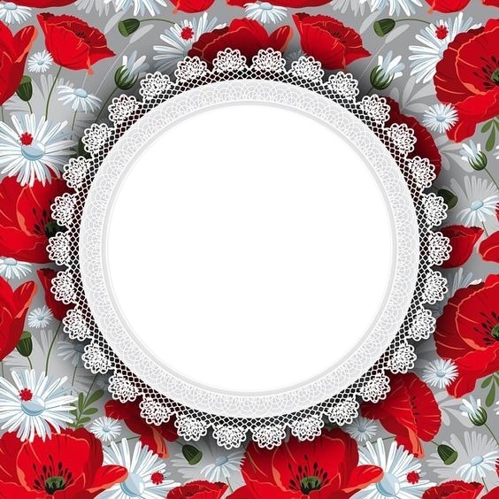 circulo y encaje sobre flores rojas y blancas. Photo frame effect