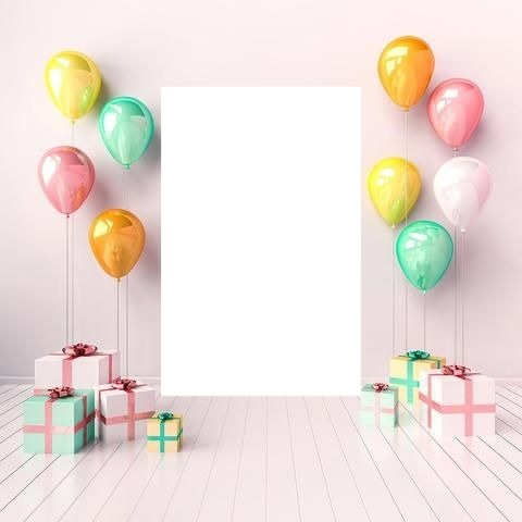 marco globos y regalos para cumpleaños. Montaje fotografico