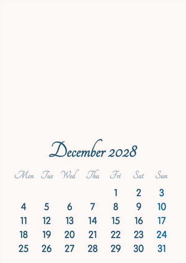 December 2028 // 2019 to 2046 // VIP Calendar // Basic Color // English Fotomontaż