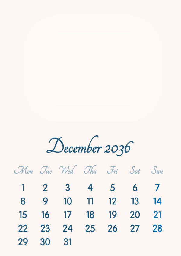 December 2036 // 2019 to 2046 // VIP Calendar // Basic Color // English Fotomontage