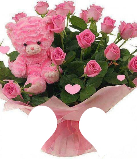bouquet de roses rose avec ours rose 2 photos Fotomontažas