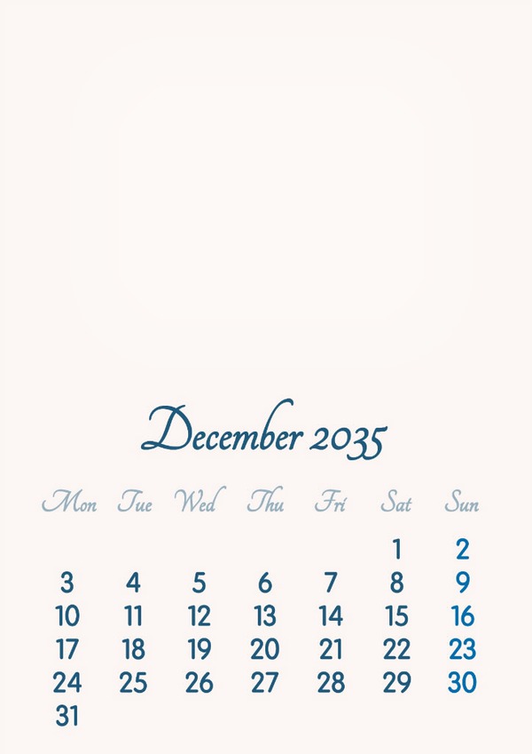 December 2035 // 2019 to 2046 // VIP Calendar // Basic Color // English フォトモンタージュ