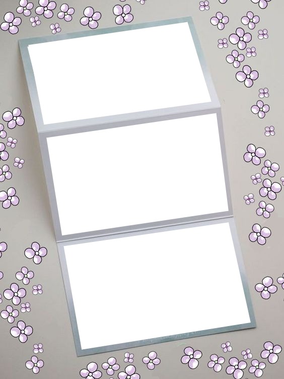 collage, pliegue, 3 fotos, fondo flores lila. Montaje fotografico