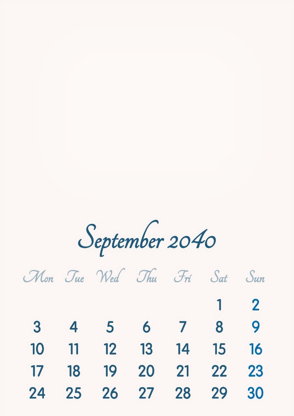 September 2040 // 2019 to 2046 // VIP Calendar // Basic Color // English Fotomontage