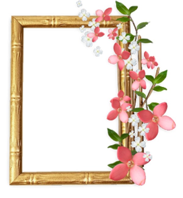 marco de madera, adornado con flores rosadas, una foto Фотомонтаж