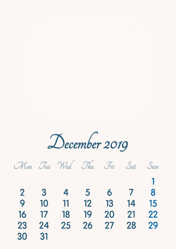 December 2019 // 2019 to 2046 // VIP Calendar // Basic Color // English Fotomontaggio