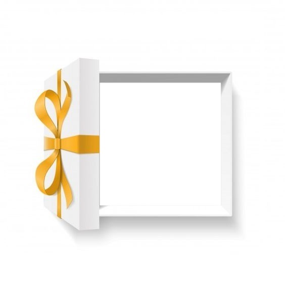 caja de regalo color blanco y lazo dorado. Fotomontáž