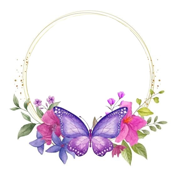marco circular y mariposa lila. Fotomontagem