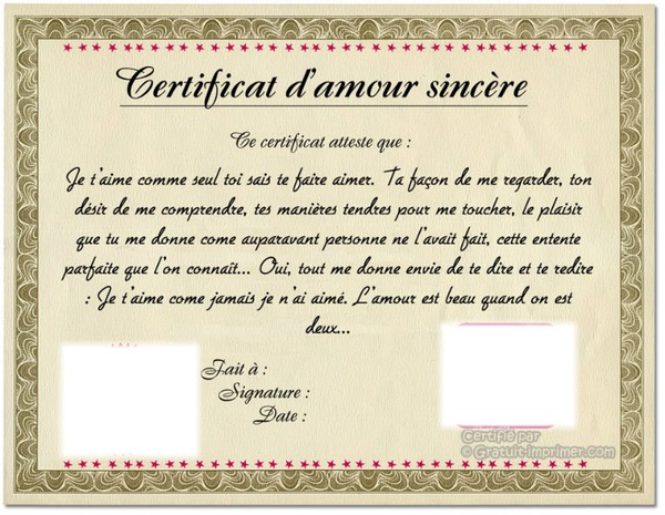 certificat d'amour Fotomontaggio
