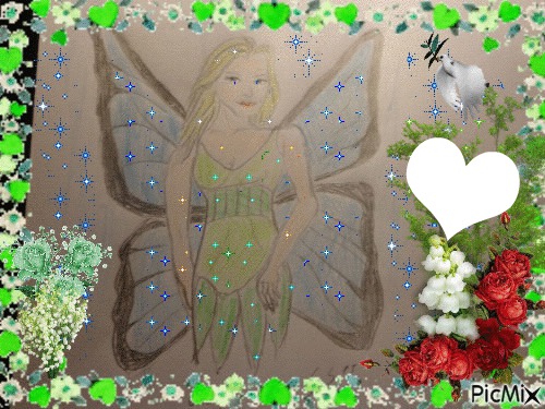 Une fée dessiné par Gino Gibilaro avec coeurs , colombe de la paix , muguet , roses Montage photo