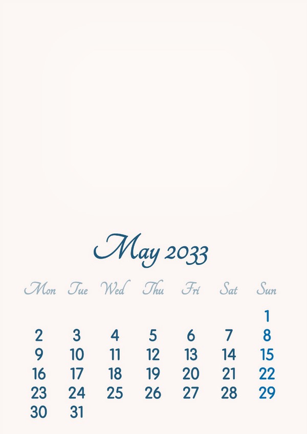 May 2033 // 2019 to 2046 // VIP Calendar // Basic Color // English Montaje fotografico