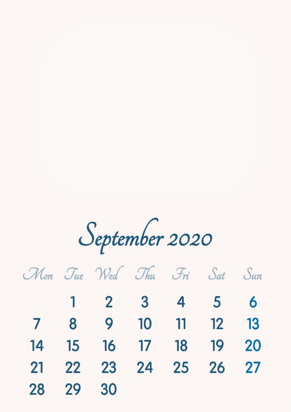 September 2020 // 2019 to 2046 // VIP Calendar // Basic Color // English Photo frame effect