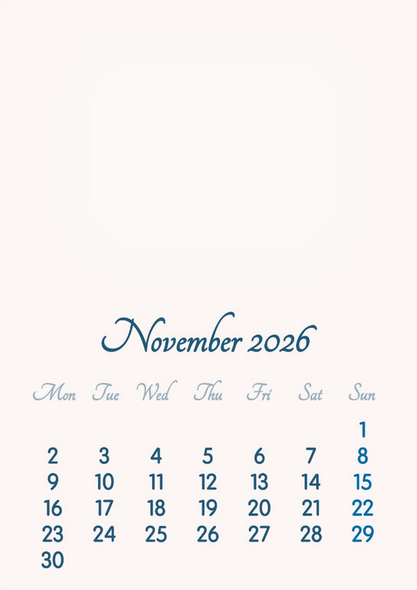 November 2026 // 2019 to 2046 // VIP Calendar // Basic Color // English Photo frame effect